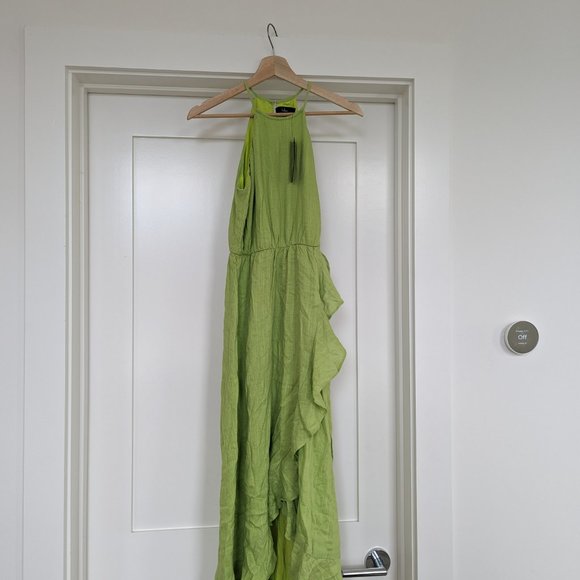 LULUS Lime Green Faux-Wrap Ruffled Midi Dress - Picture 6 of 6